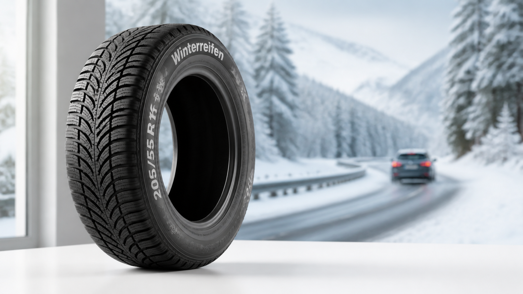Winterreifen 205/55 R16 auf grauer Felge vor schneebedecktem Bergpanorama
