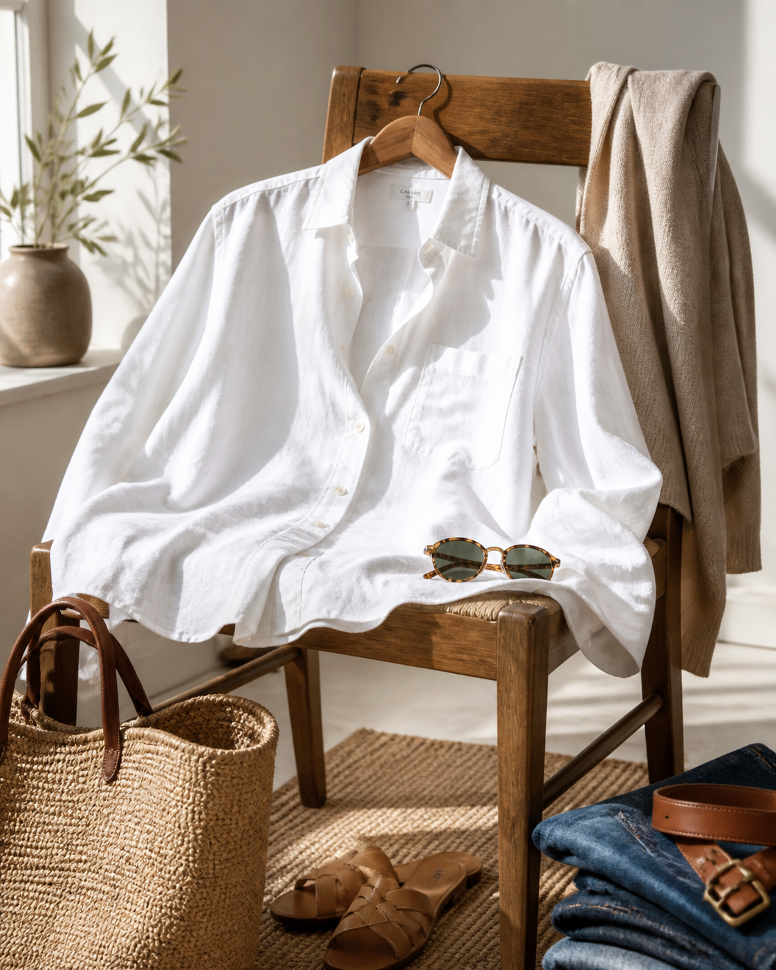 White and Co linen shirt styled for multiple seasons with layering and accessories