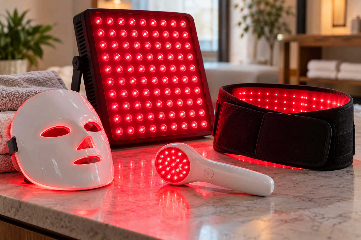 Red light therapy devices for at-home skincare, personal wellness, and light-based treatments.