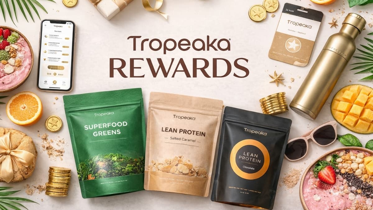 Tropeaka rewards program displayed with protein powders, superfood greens, and loyalty points
