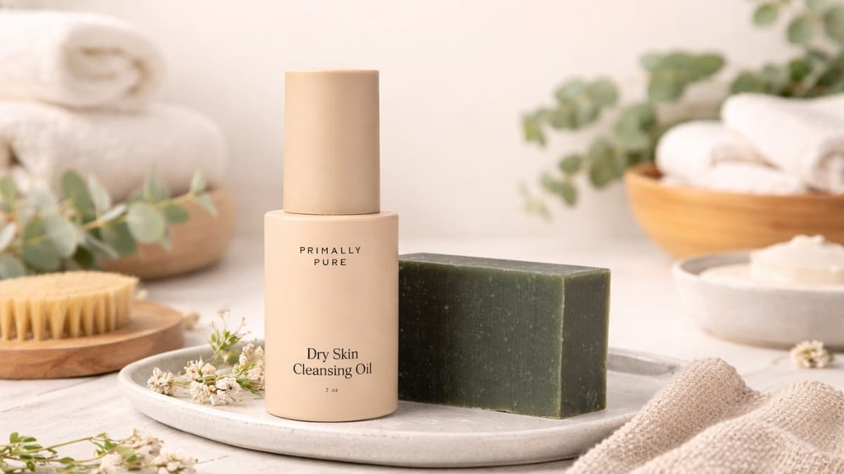 Primally Pure Double Cleansing Kit with dry skin cleansing oil and natural facial bar on neutral spa background