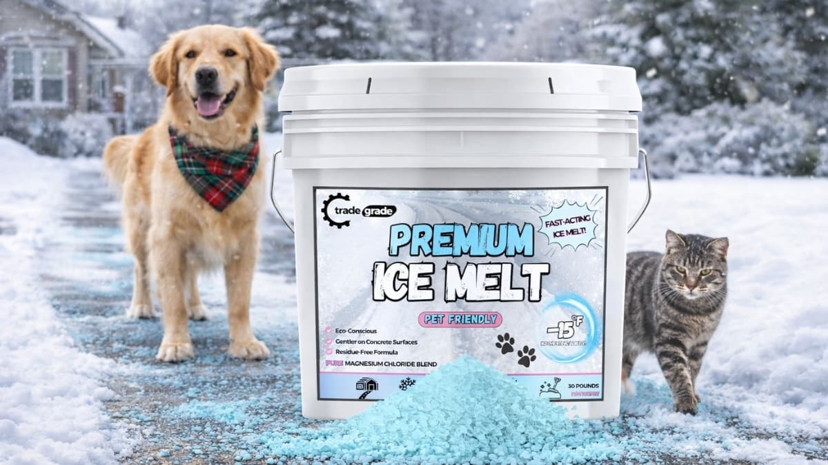 Trade Grade Pet-Friendly Ice Melt 30 lb bucket with blue magnesium chloride pellets on snowy driveway, golden retriever and gray cat standing nearby in winter setting