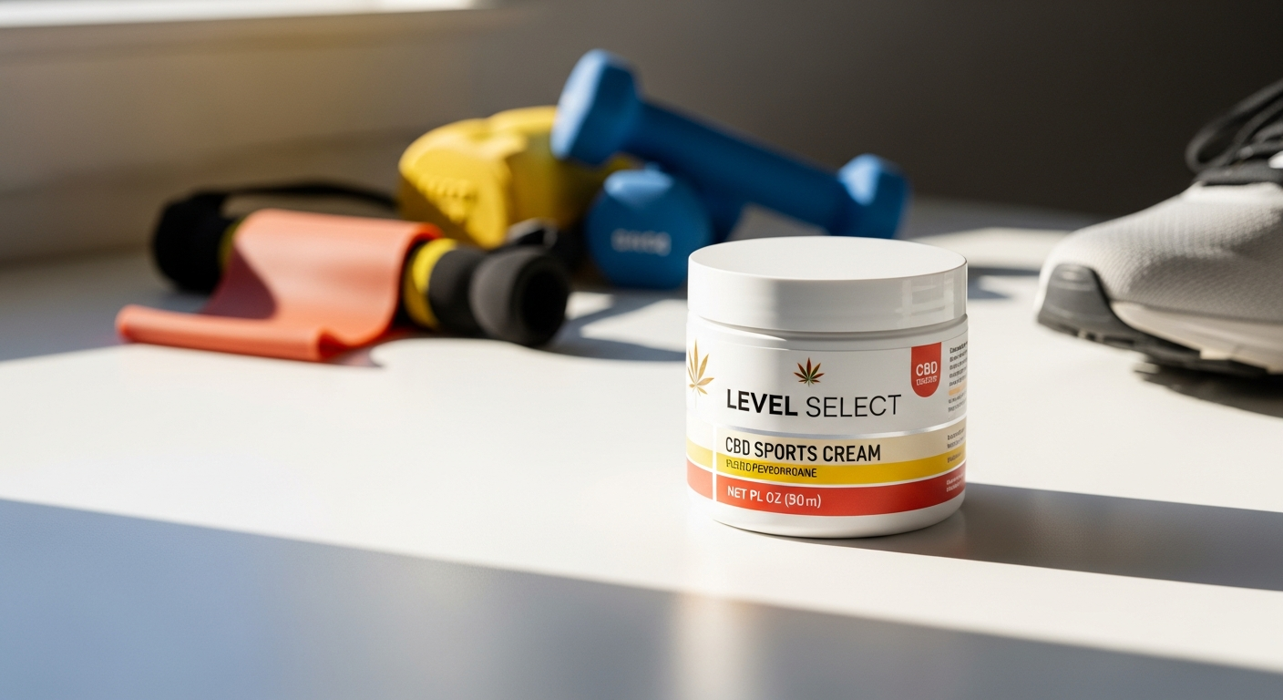 Level Select CBD Sports Cream jar displayed with athletic recovery and muscle relief benefits highlighted