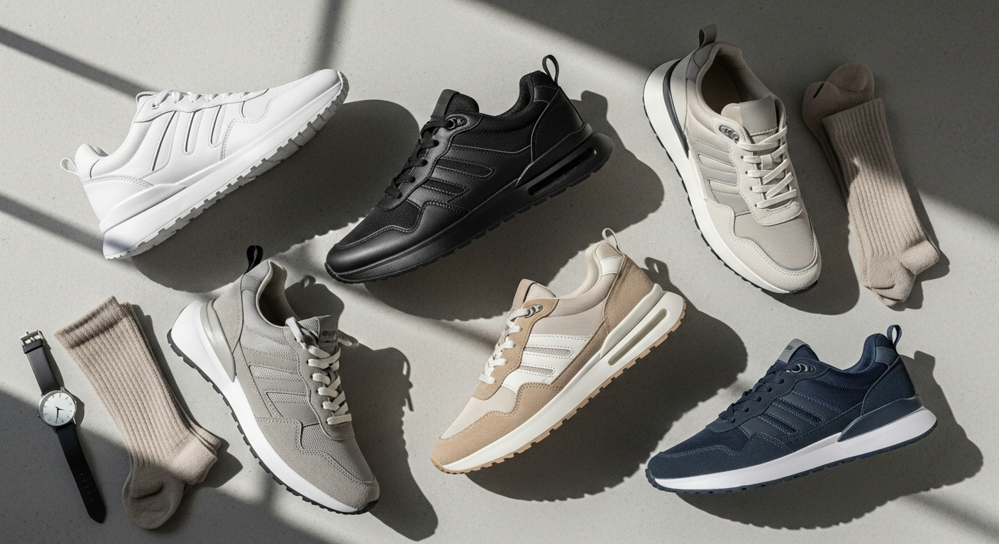 Trendy unisex lifestyle sneakers displayed in neutral and bold colorways showing breathable mesh uppers and cushioned design