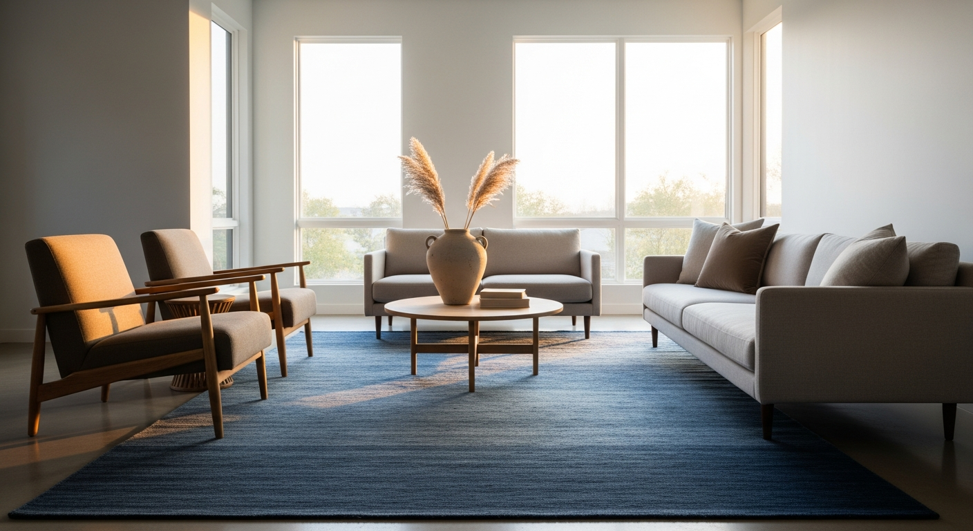 Signature Indigo Wool Blend Rug in deep blue tones on wooden floor