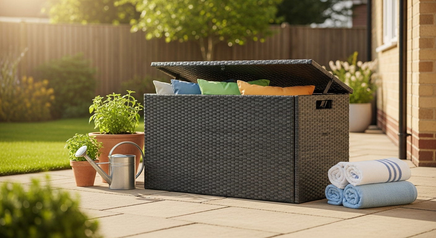 DeubaXXL grey polyrattan storage chest with wheels on outdoor patio surrounded by cushions and garden accessories