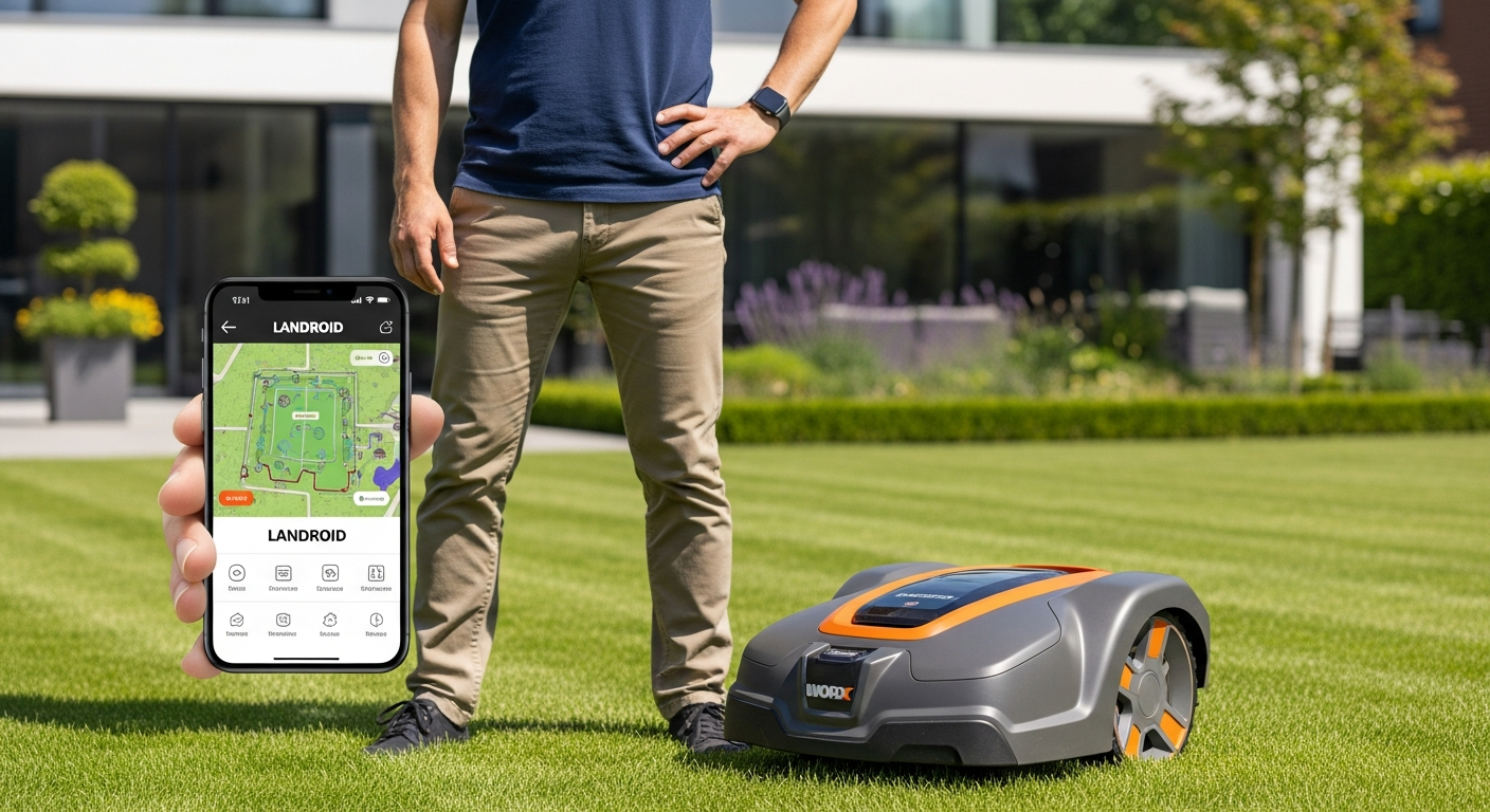 Worx Landroid Vision Cloud robotic lawnmower navigating garden with AI camera technology