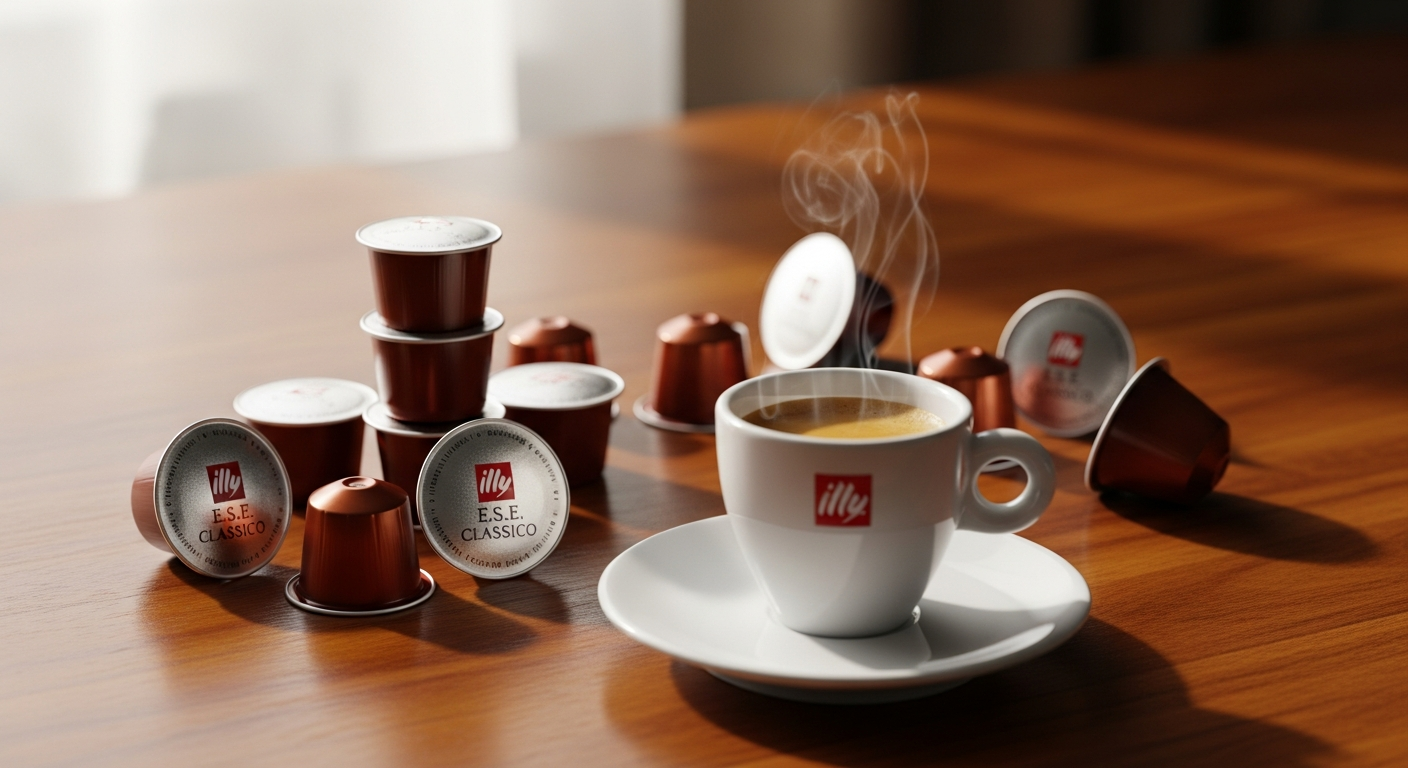 Illy E.S.E. Pods Classico Medium Roast espresso pods in individual packaging displayed with an espresso cup