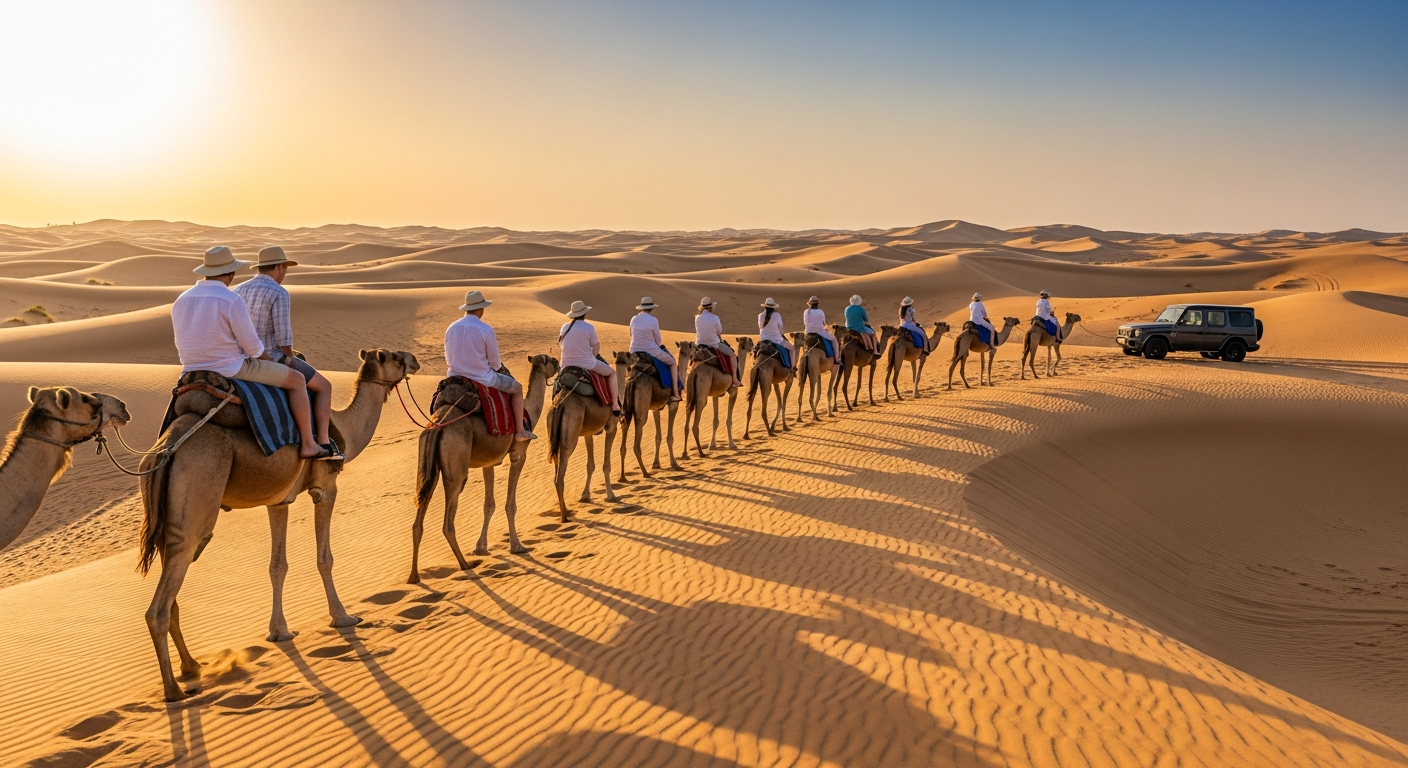 Dubai desert safari 4x4 vehicle dune bashing with golden sand dunes sunset