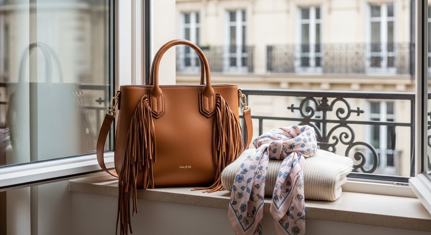 Maje M Bag featuring a structured leather design with signature fringe detailing and an adjustable shoulder strap.