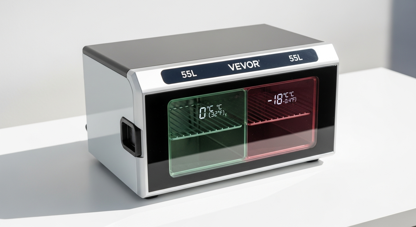 VEVOR 55L portable car refrigerator freezer with dual-zone cooling displayed in vehicle interior