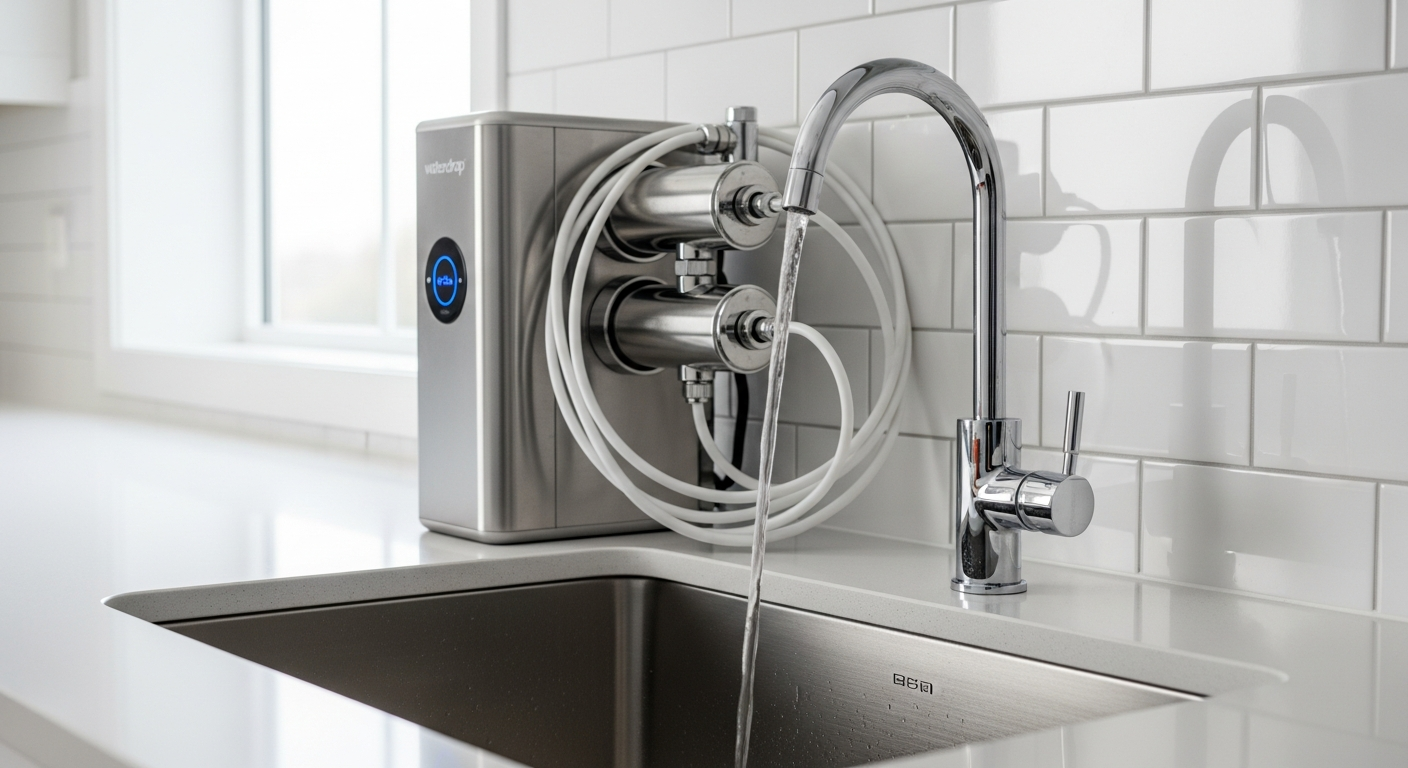 Waterdrop G3P800 tankless reverse osmosis system installed under modern kitchen sink