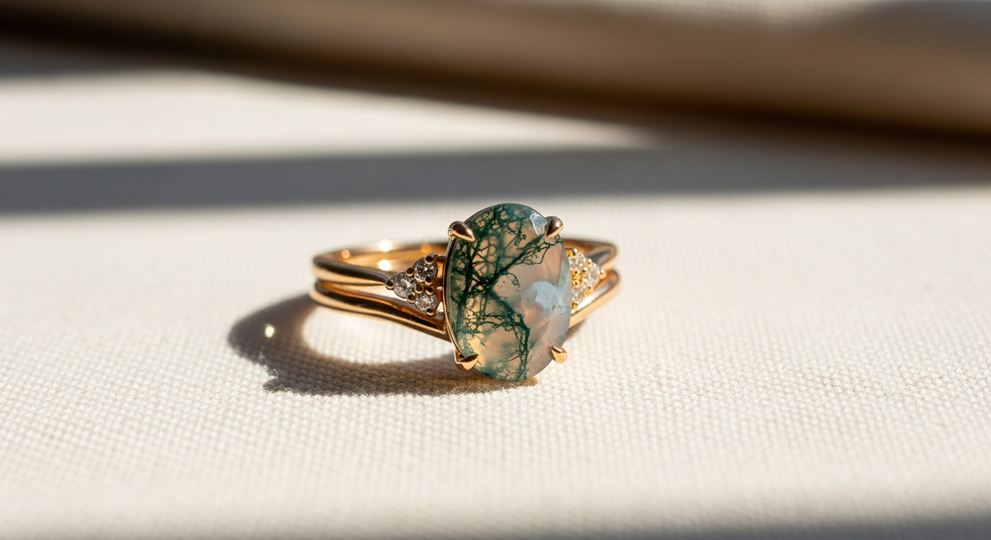 Vintage oval moss agate engagement ring set with art-deco leaf cluster design in solid gold