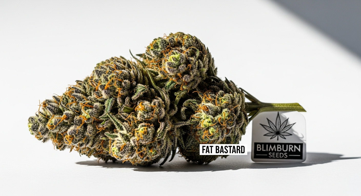 Close-up of dense, crystal-coated Fat Bastard cannabis buds with vibrant green and purple hues