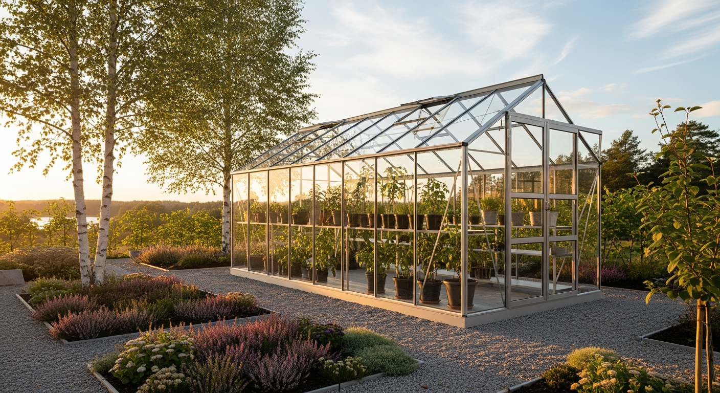 Modern aluminum greenhouse with hardened glass in Nordic garden setting