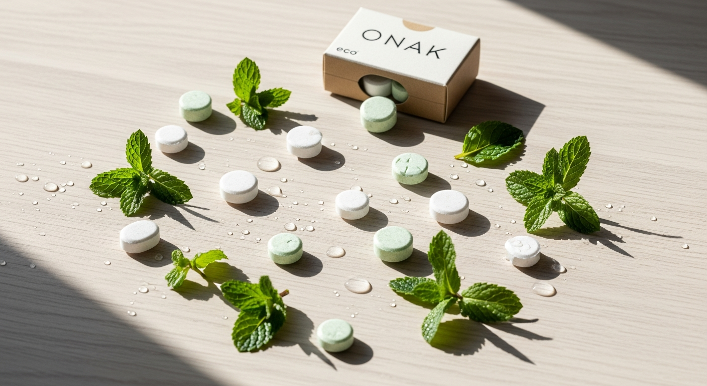 ONAK Infinite Solid Toothpaste Tablets in sustainable refillable packaging with natural ingredients
