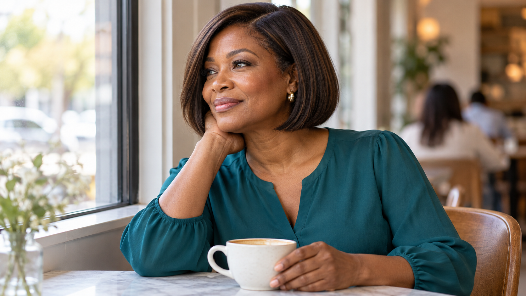 Woman with a chin-length dark brown bob hairstyle wearing a teal blouse beside a cafe window.