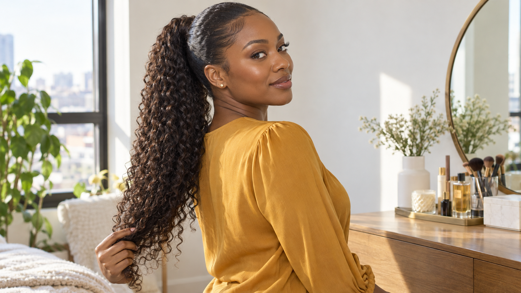 Woman in a mustard blouse checking the length of a curly ponytail extension in a bright apartment.