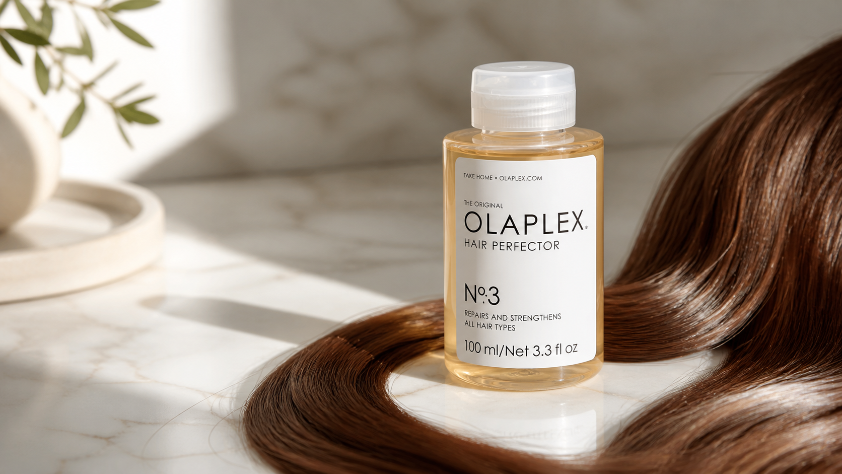 Olaplex No. 3 Hair Perfector bottle displayed with bleached blonde hair strands showing repair results