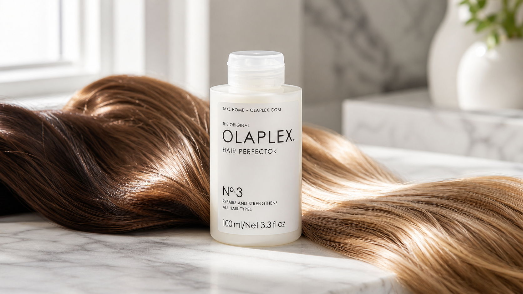 Olaplex No. 3 Hair Perfector bottle displayed with healthy repaired hair strands