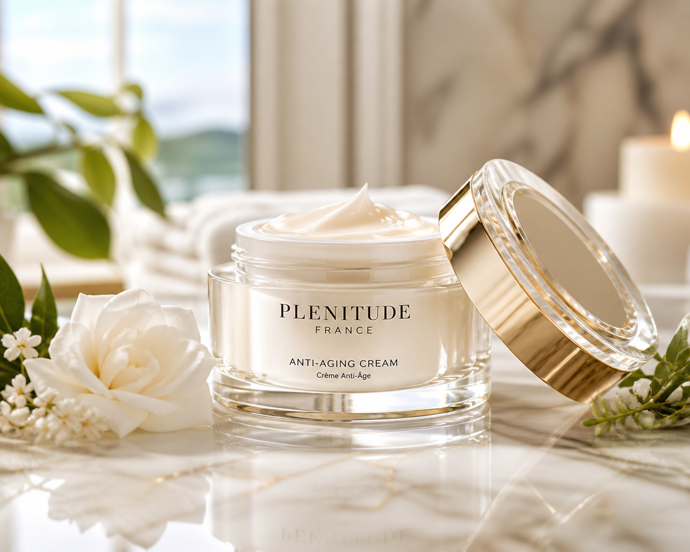 Plenitude France anti-aging cream jar displayed with mature skincare ingredients and botanical extracts