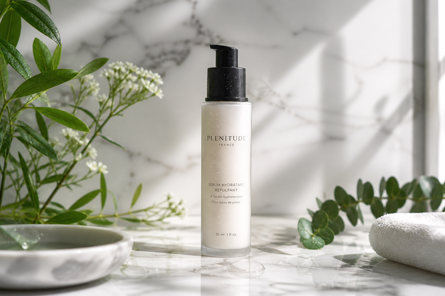 Plenitude France best-selling skincare product bottle and jar display