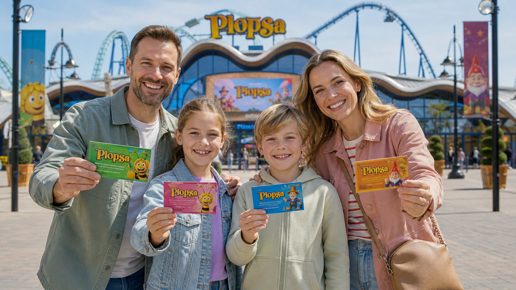 Colorful Plopsa theme park entrance with Studio 100 character decorations and families