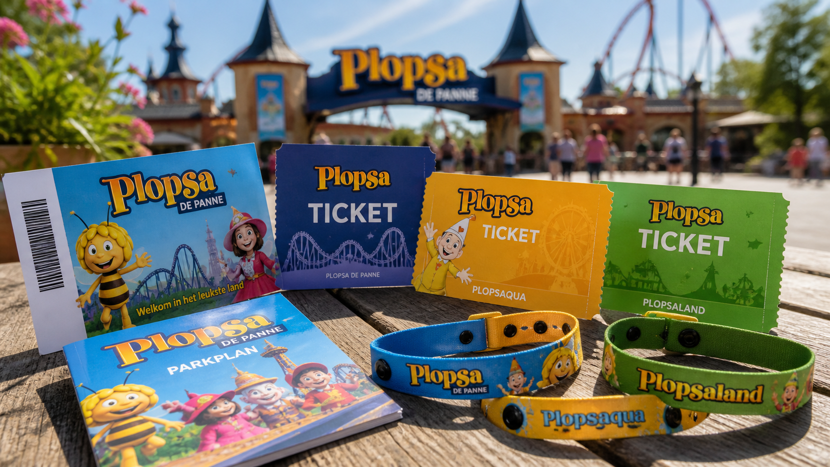 Colorful Plopsa theme park entrance with Studio 100 character mascots welcoming families