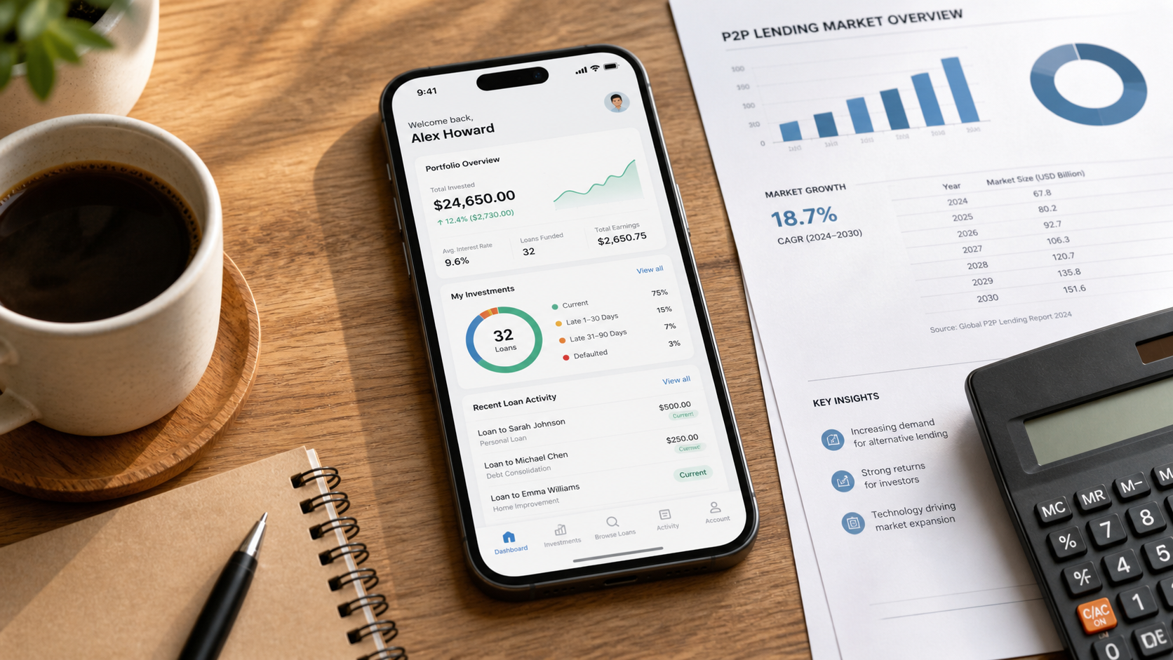Mozzeno peer-to-peer lending platform interface showing loan application process on computer screen